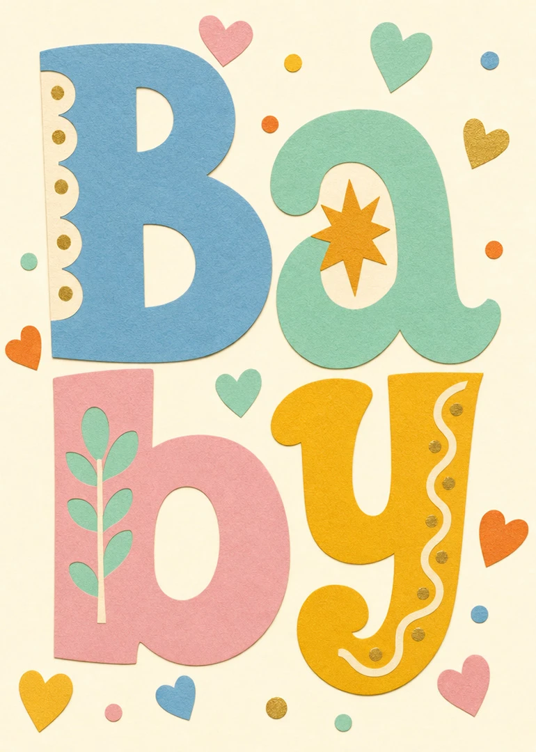 Pastel paper-cutout letters spell Baby with hearts, stars and dots on a soft cream background.