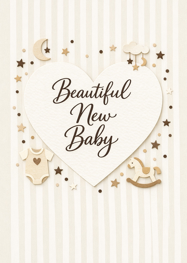 Heart shaped card with beautiful new baby text and decorative stars and toys