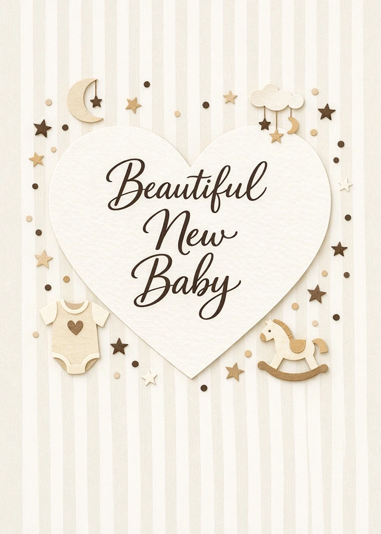 Heart-shaped new baby card with stars, moon, baby onesie, rocking horse, and soft cream tones.