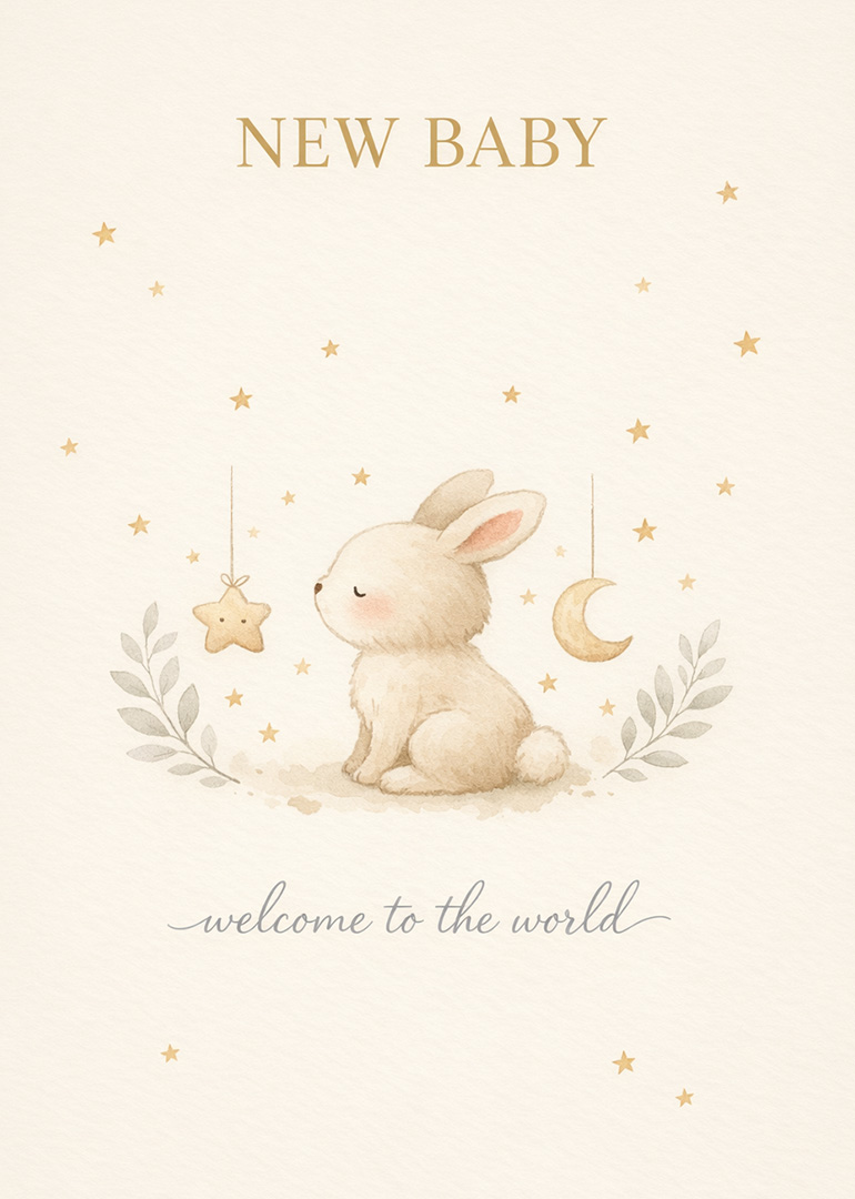 Watercolor baby card with bunny, stars, moon, and welcoming message