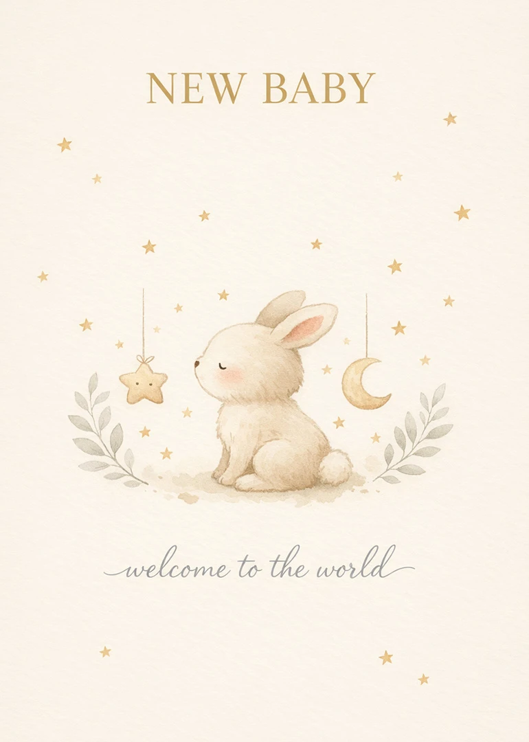 Watercolor bunny sits beneath stars and moon with New Baby and welcome to world text.