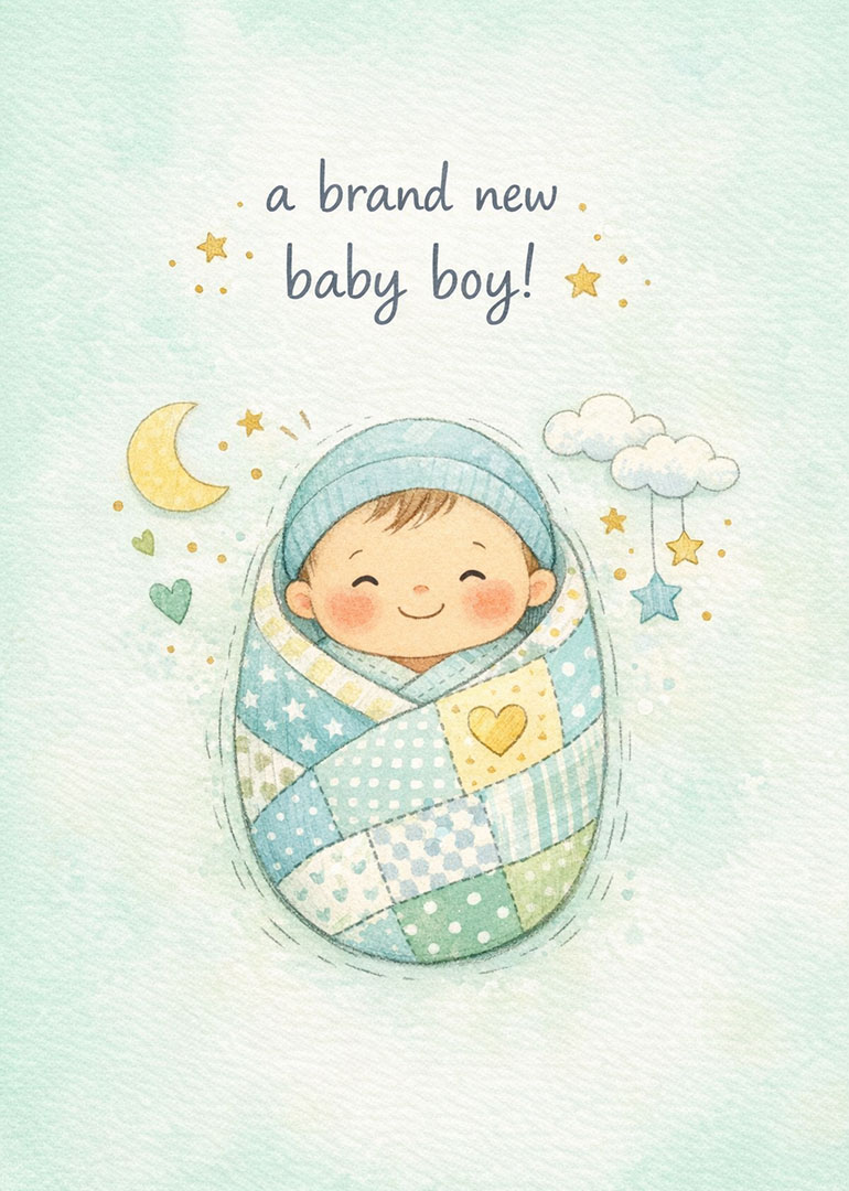 Watercolor illustration of smiling baby boy wrapped in patchwork blanket with stars