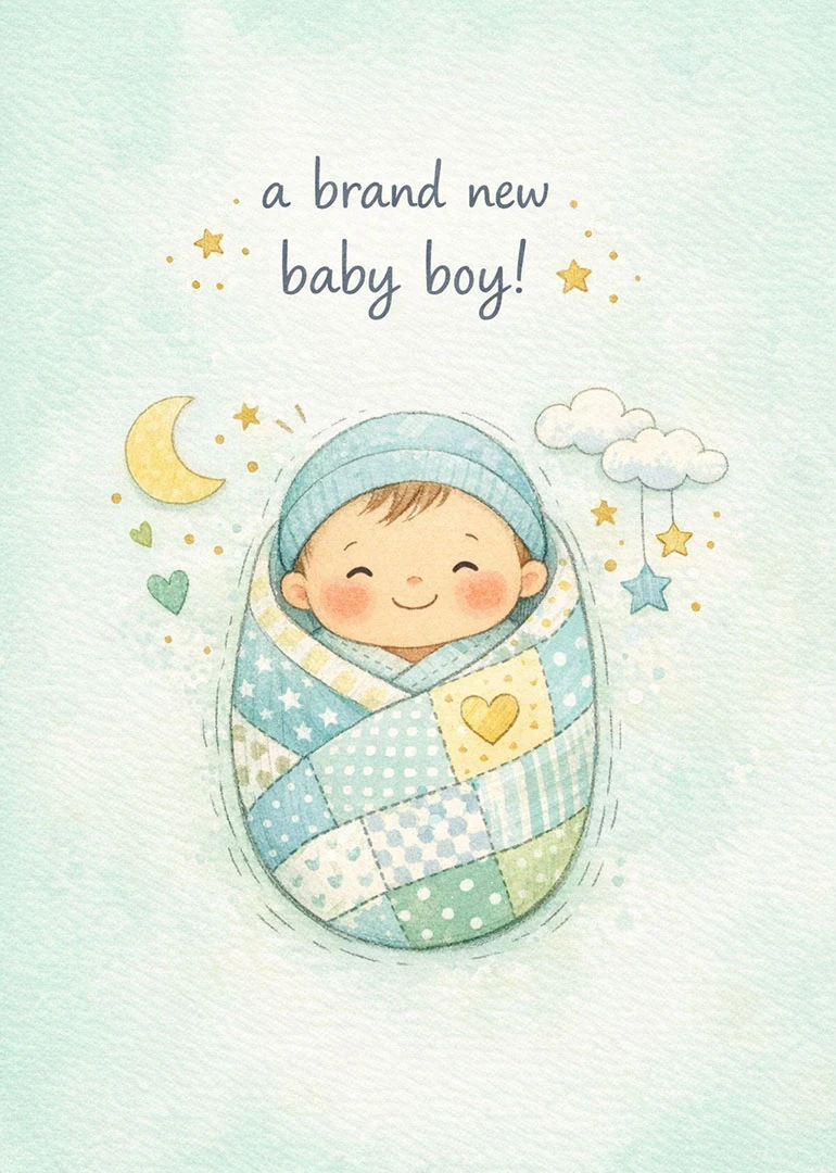 Smiling swaddled baby boy in pastel quilt with stars, moon, clouds, and brand new wording.