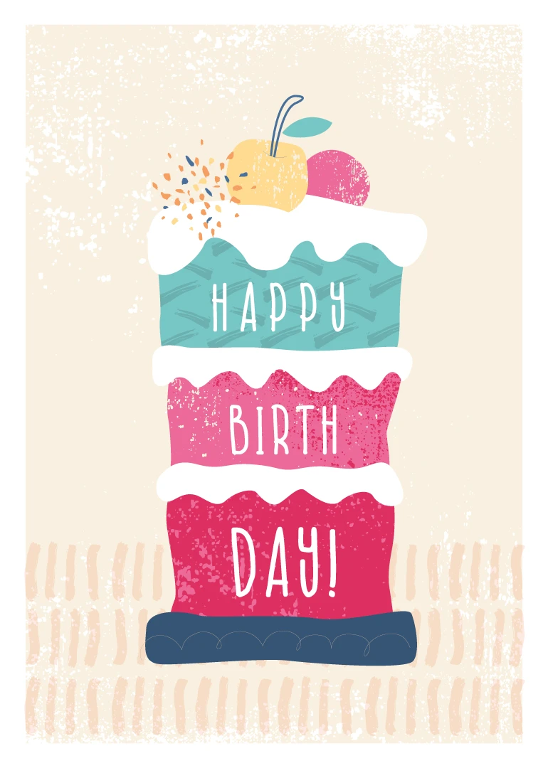 A colourful layered birthday cake with Happy Birth Day text on a cream background card.