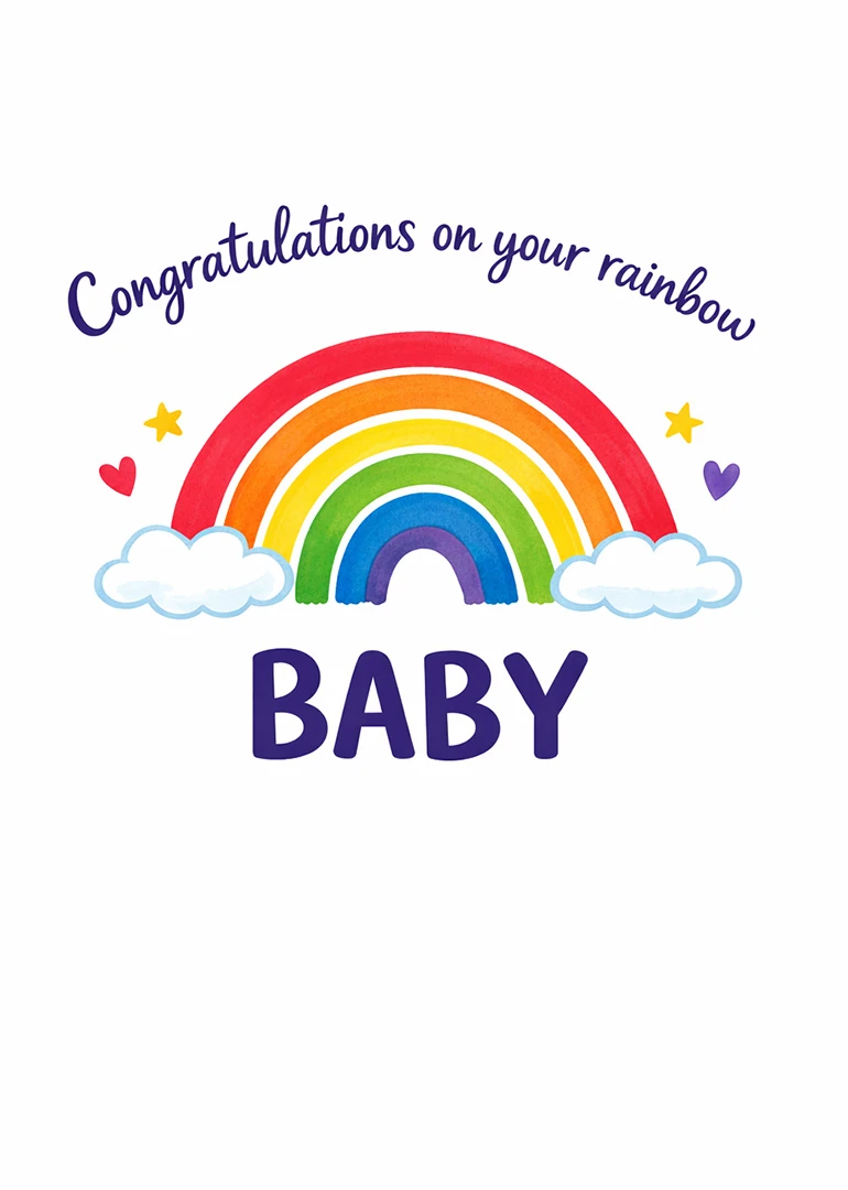 Rainbow baby card with clouds, hearts and stars, and the message Congratulations on your baby.