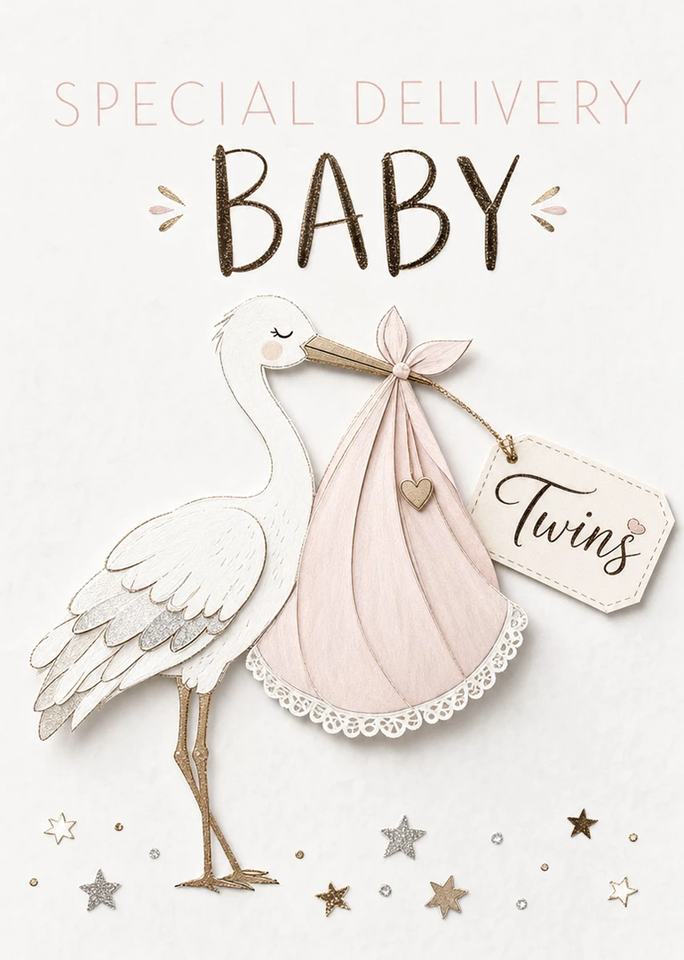 Stork carrying a pink bundle marked Twins with special delivery baby wording.