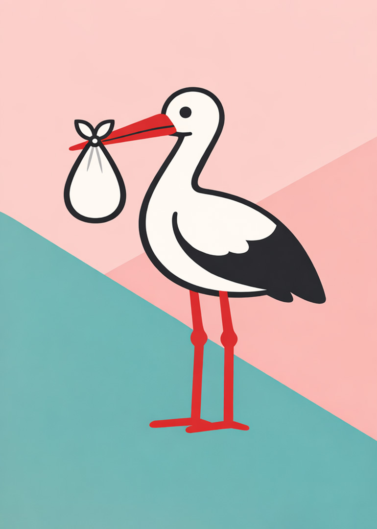Simple stork carrying a baby bundle on geometric pastel pink and teal background