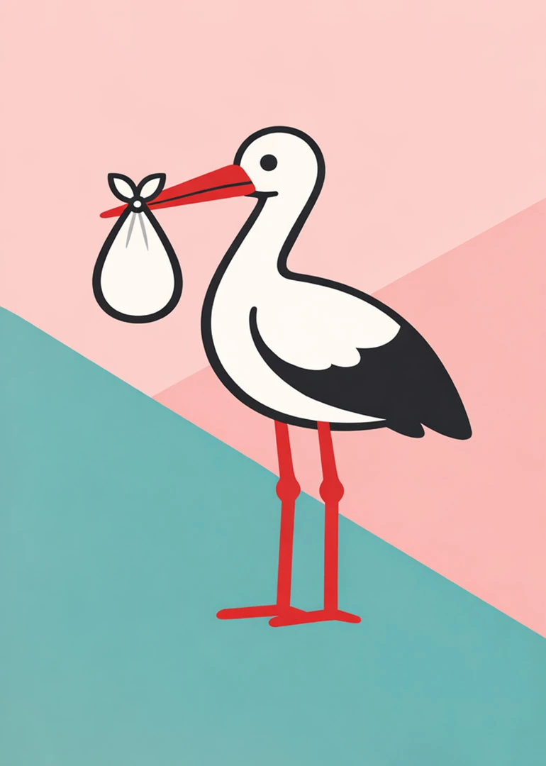 A cute stork carries a baby bundle against a pink and teal geometric background design.