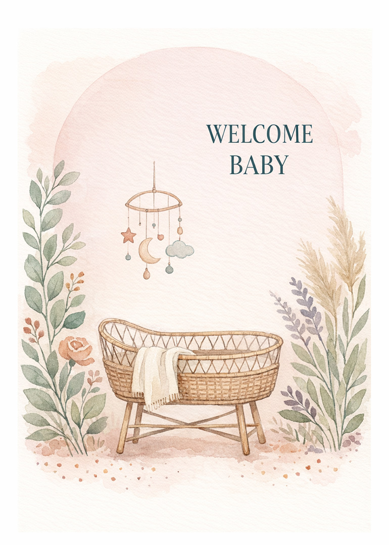 Watercolor baby card with basket, mobile and pastel floral decorations
