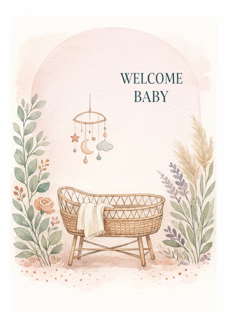 Watercolor baby card with wicker bassinet, hanging mobile, and welcome baby text in soft tones.