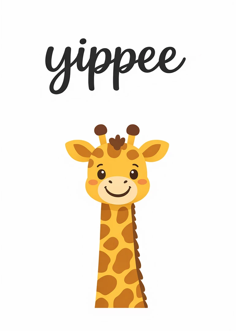 Smiling cartoon giraffe under the word yippee on a simple white card background for kids.