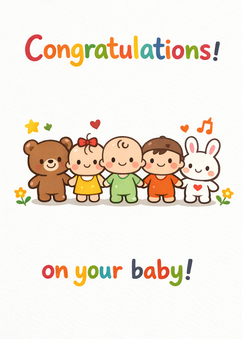 Adorable cartoon babies and animal friends with colorful congratulations text