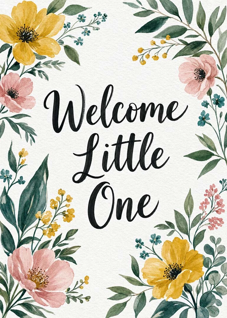 Watercolor floral card with Welcome Little One text surrounded by pink, yellow and green blooms.