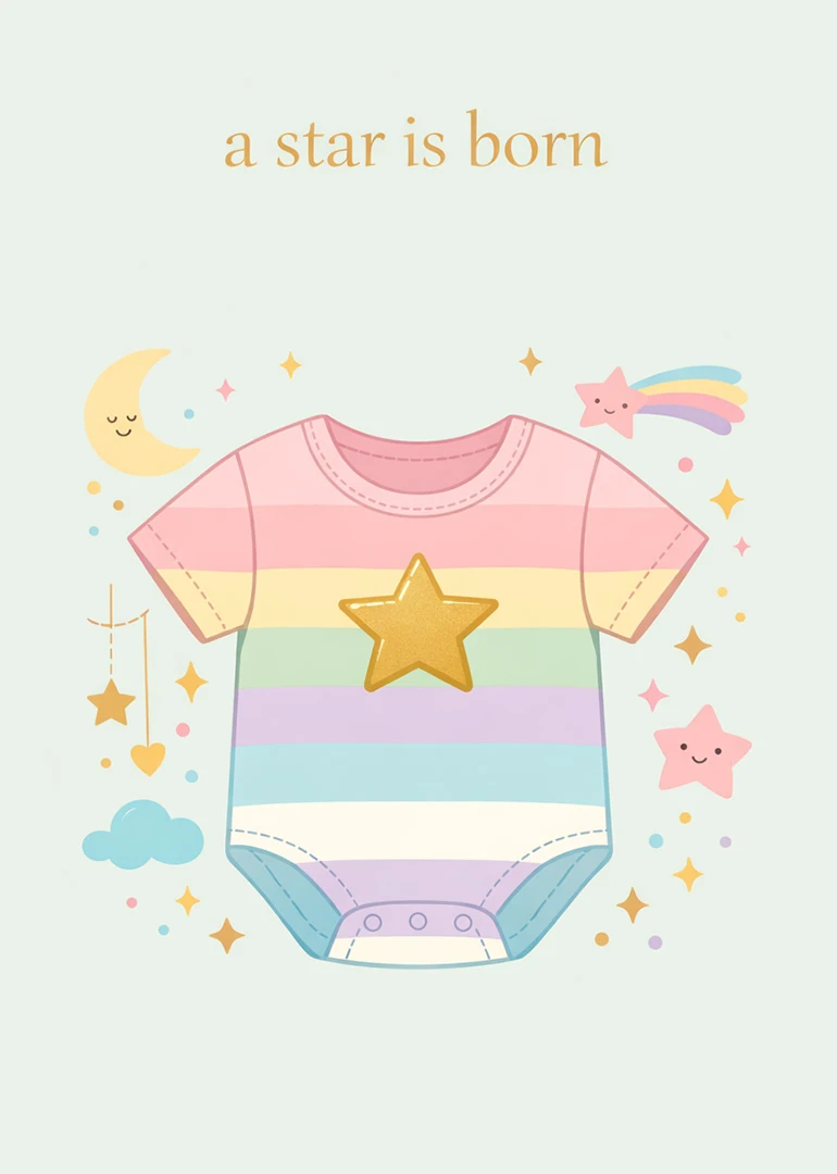 Pastel rainbow baby onesie with stars and moon illustration featuring words a star is born.