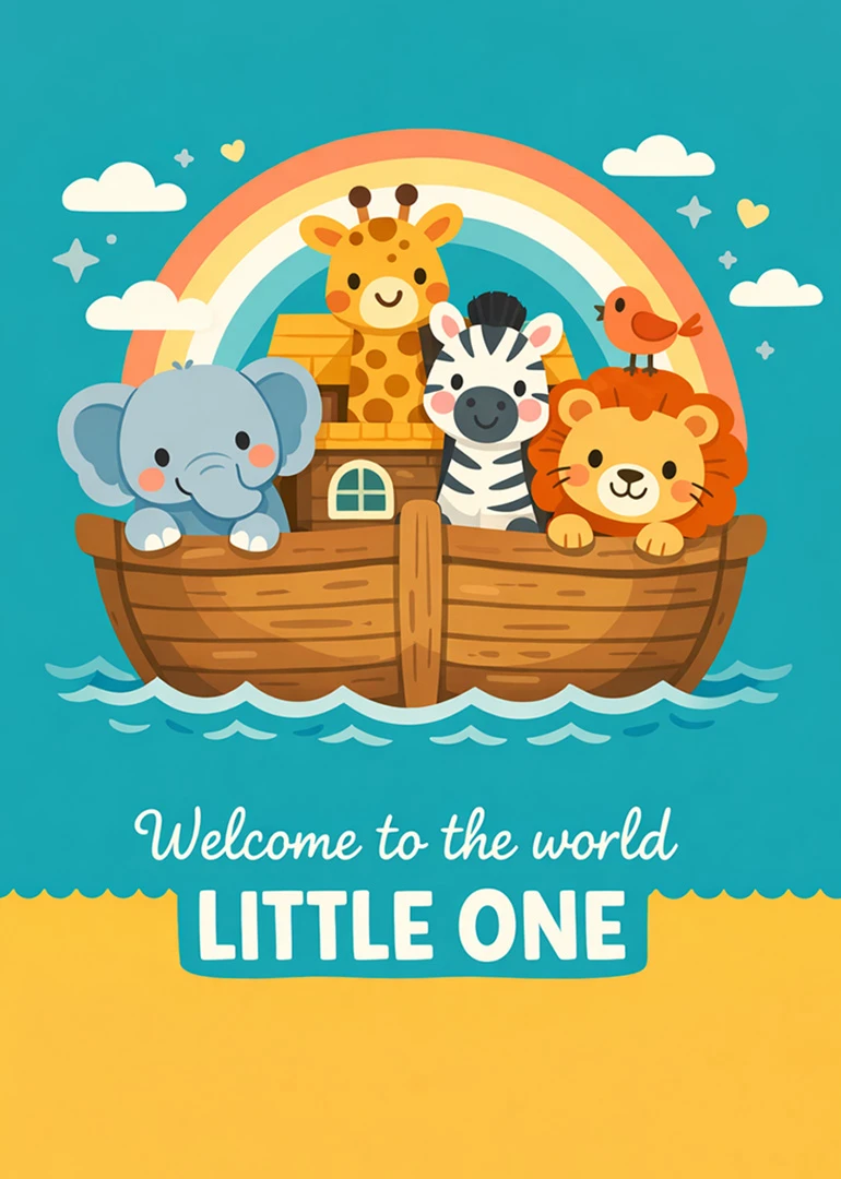 Cute ark of animals under a rainbow with Welcome to the world LITTLE ONE text.