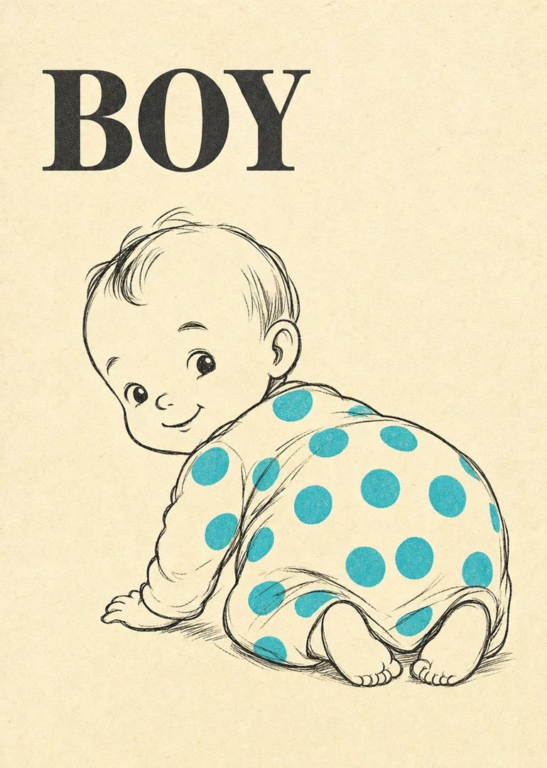 Vintage sketch of smiling baby boy wearing blue polka dot onesie on cream background paper.