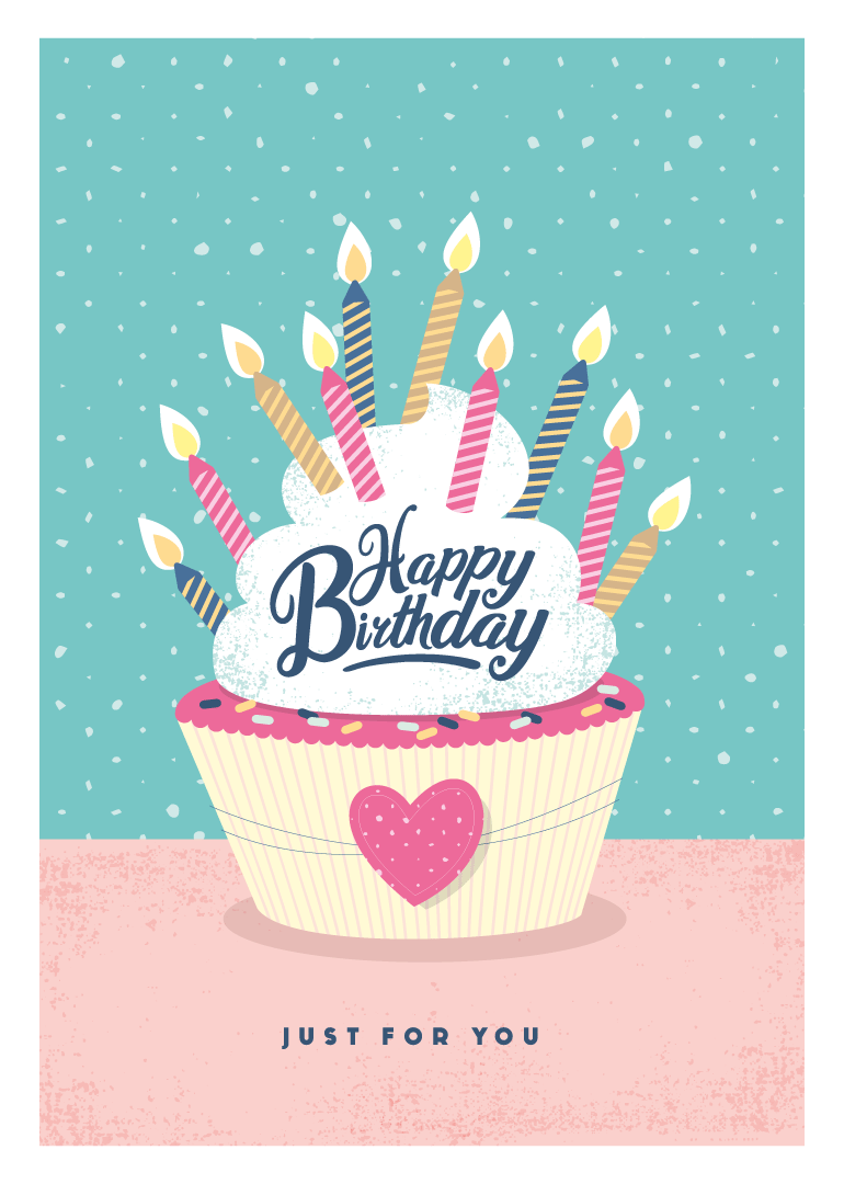 Birthday card with cupcake, candles, heart decoration, and festive background