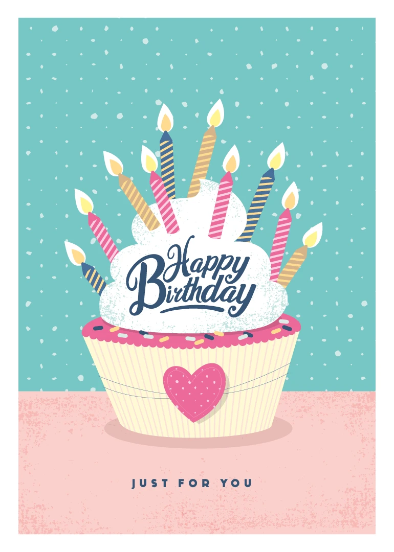 A birthday cupcake with candles and Happy Birthday text on turquoise and pink speckled background.