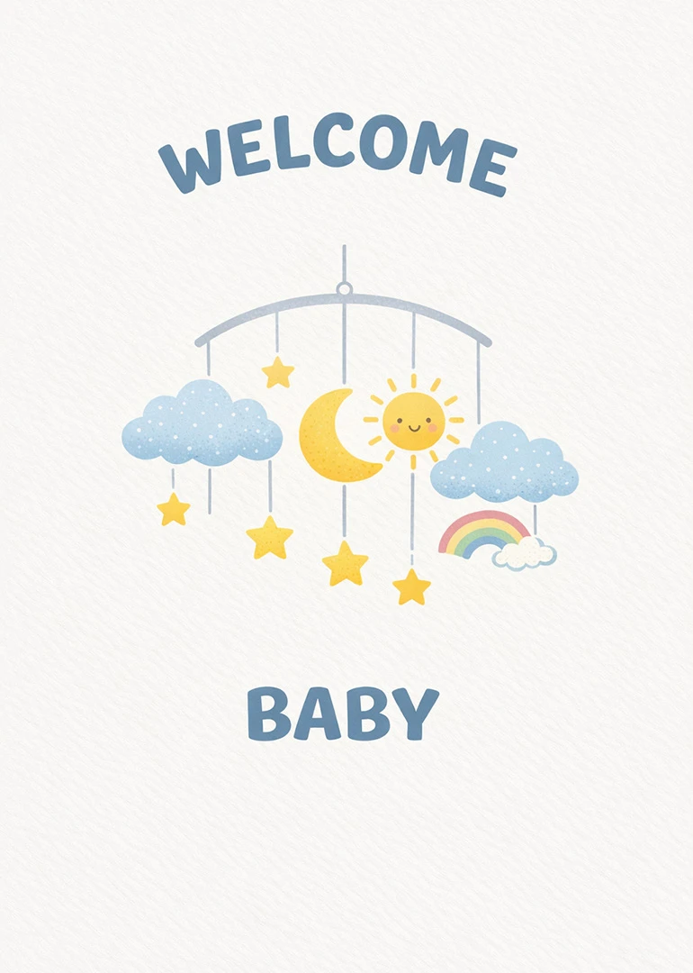 Welcome Baby text above a pastel mobile with clouds, moon, sun, stars and rainbow design.