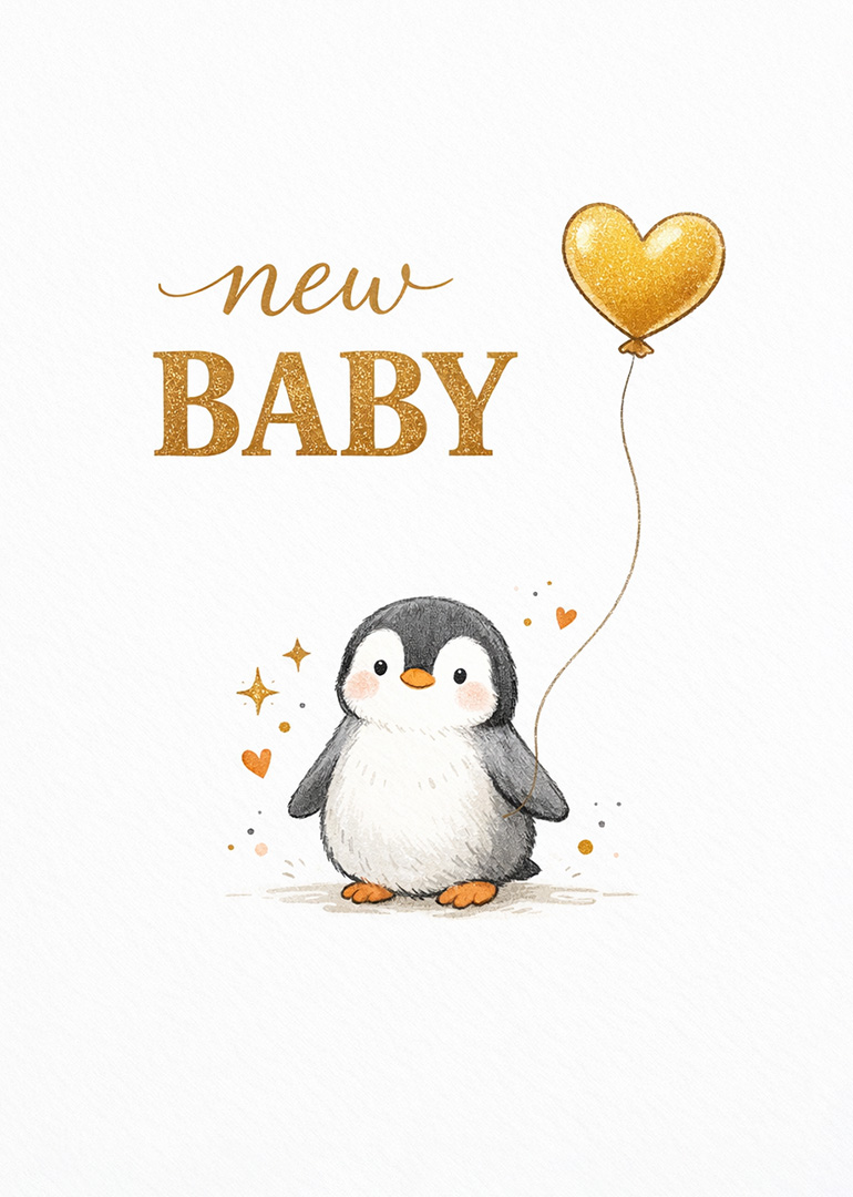 Cute baby penguin with gold heart balloon illustration