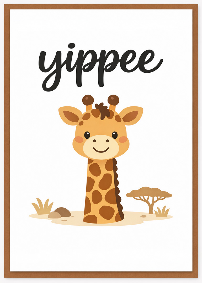 Illustrated giraffe with yippee text and savannah trees in background