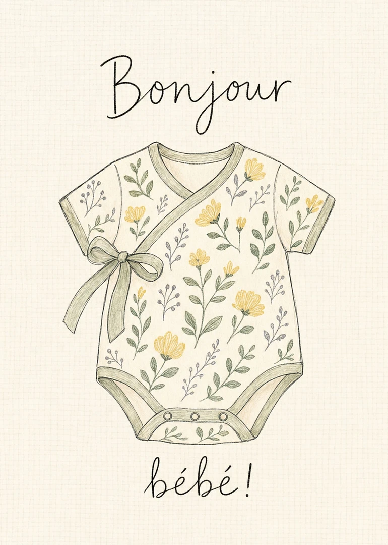 Floral baby onesie card with Bonjour bébé text in hand-drawn pastel style on cream background.