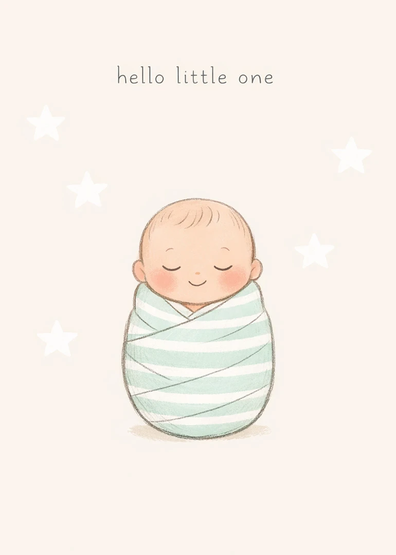 A sleeping swaddled baby in mint stripes with stars and hello little one text above.