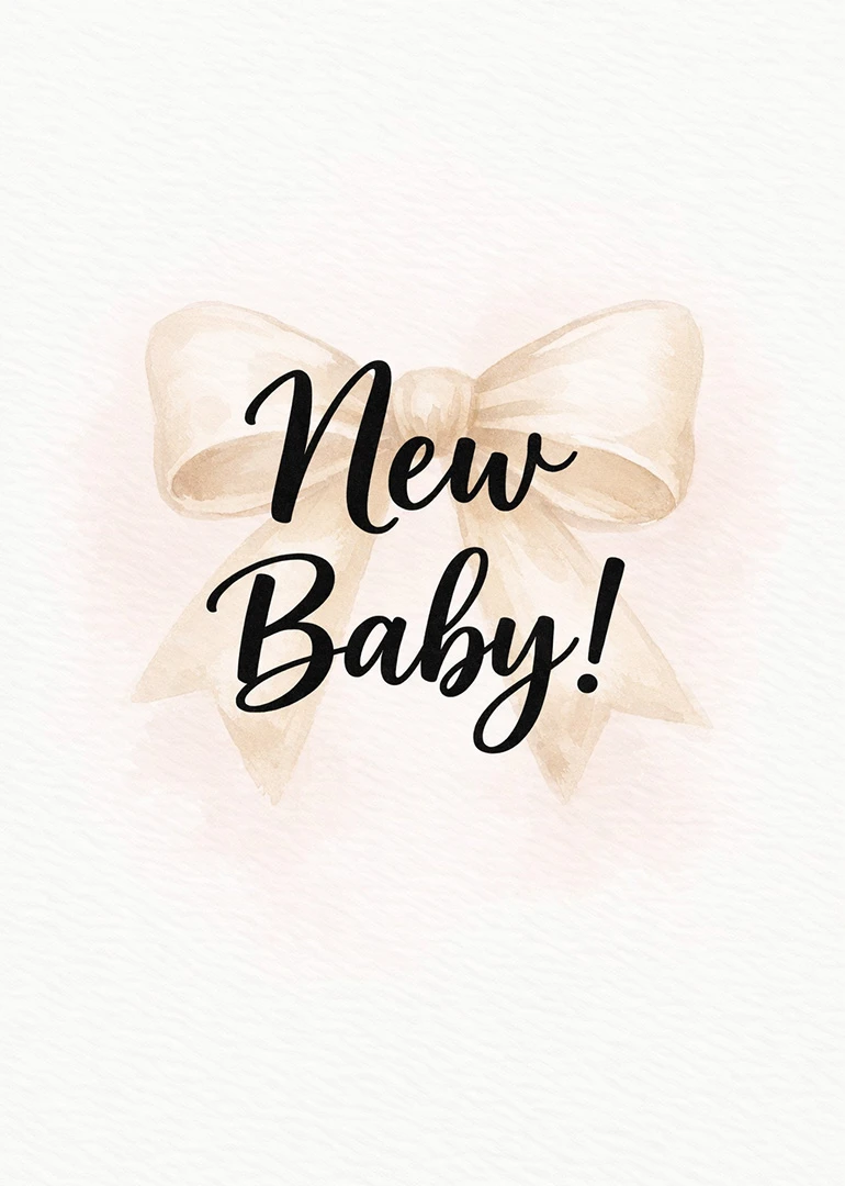 Soft watercolor bow card with New Baby in black script on a pale blush background.