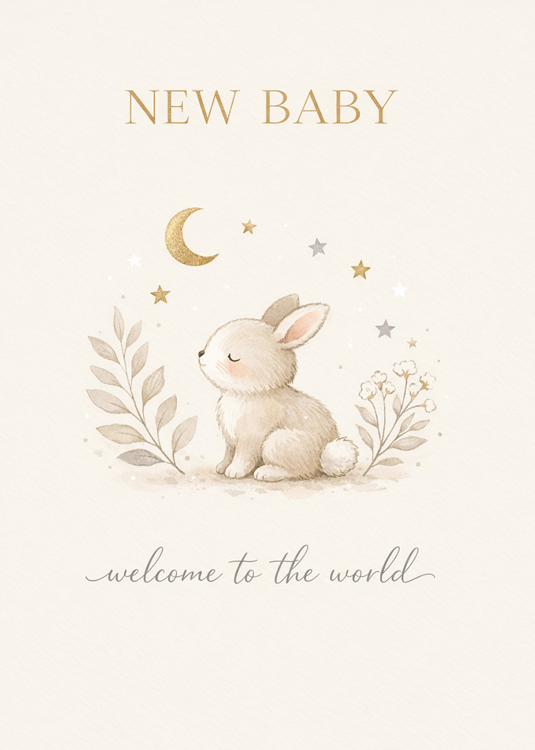 Watercolor bunny, moon, stars and floral elements with new baby text
