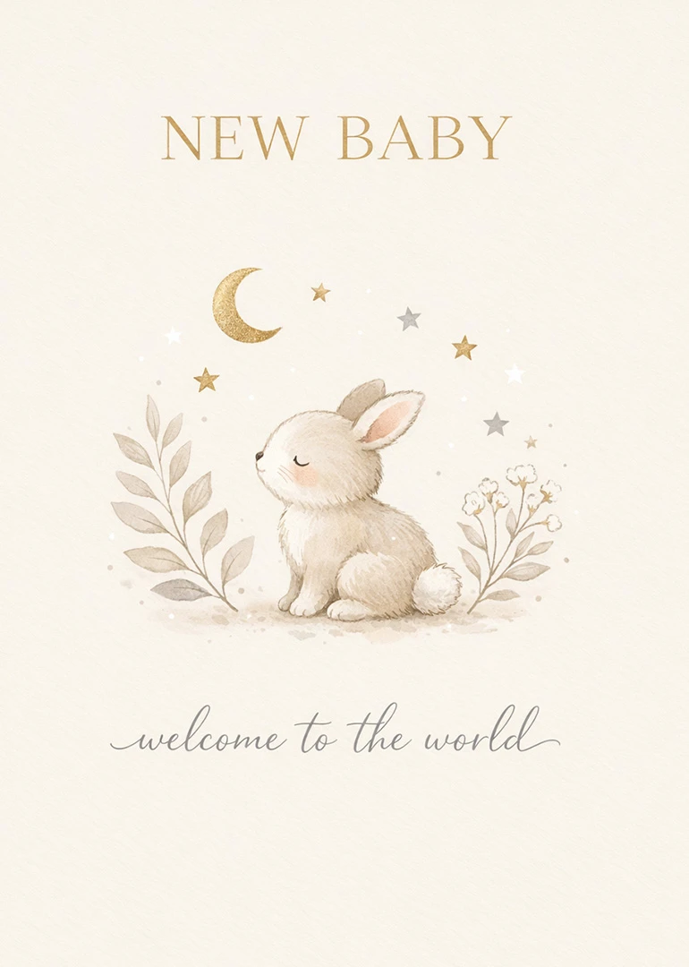 Cute bunny with moon, stars, and foliage above New Baby welcome to the world message.