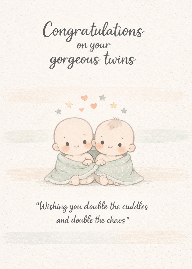 Illustrated card with two smiling twin babies wrapped in blankets