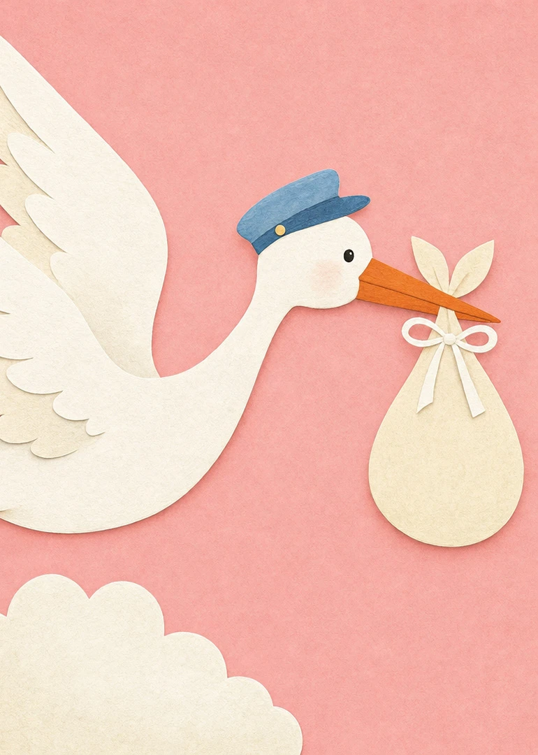 Paper cut stork in a blue cap carries a baby bundle against a pink background.