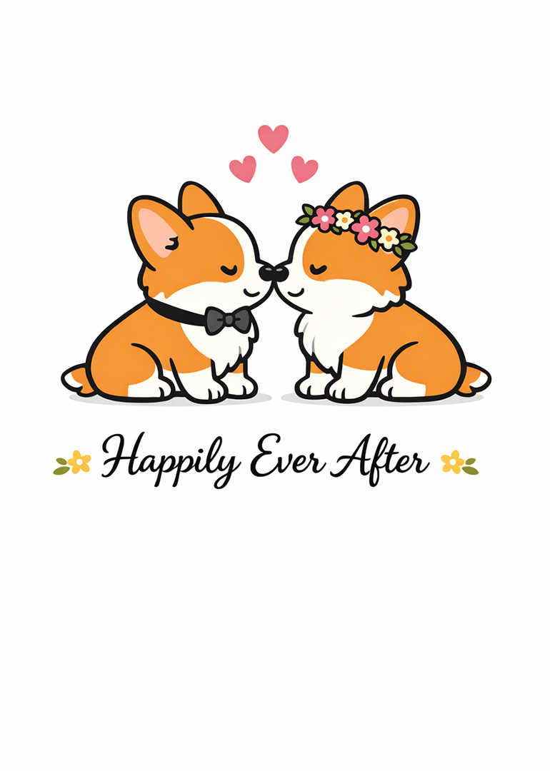 Illustration of two corgi dogs with hearts and happily ever after text
