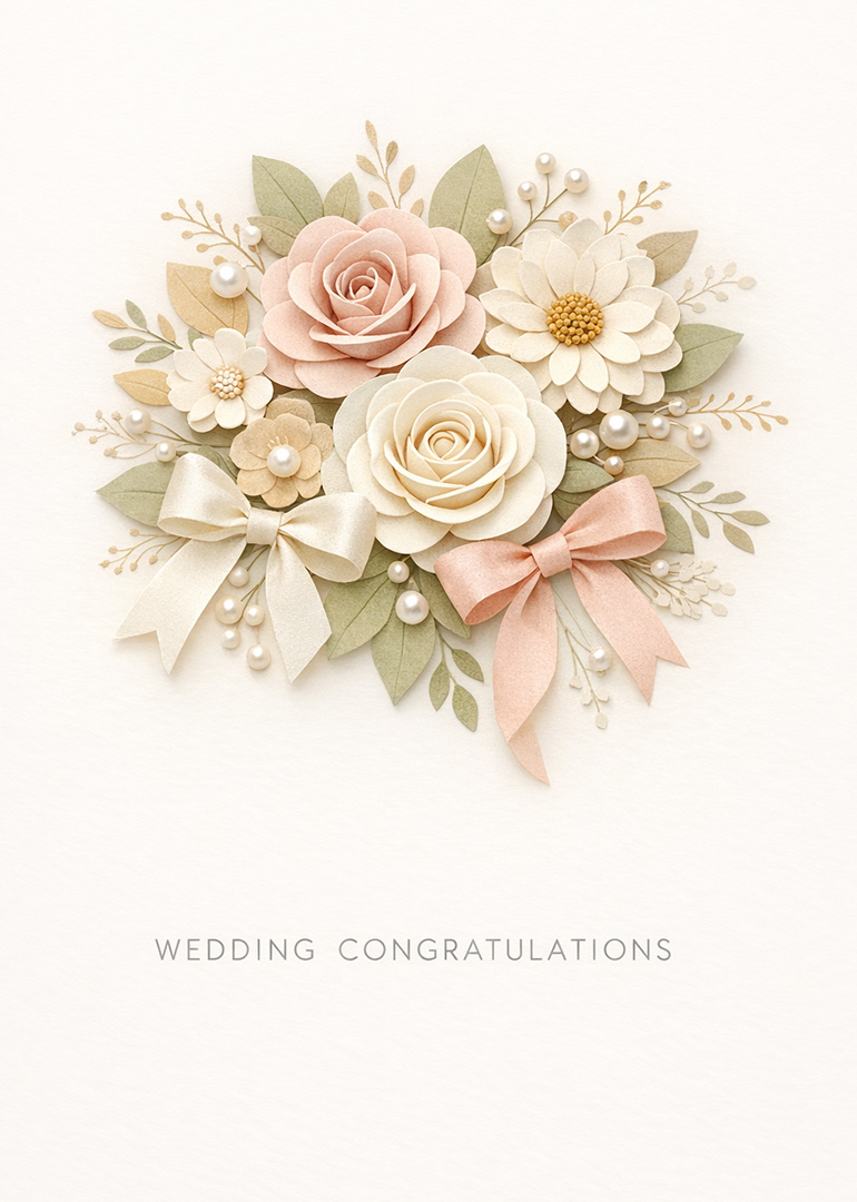 Wedding congratulations card with soft pastel flowers and ribbons