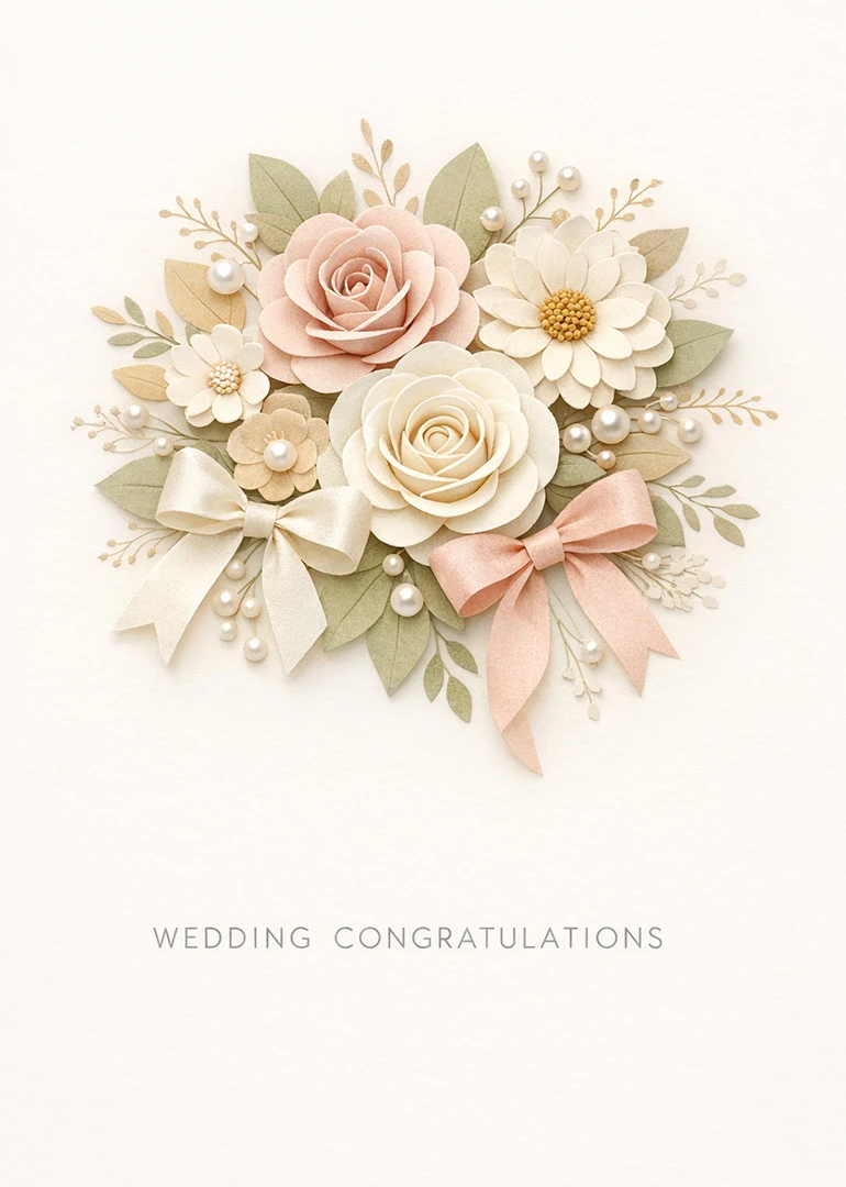 Pastel paper flowers, bows and pearls with WEDDING CONGRATULATIONS on a soft white background card.