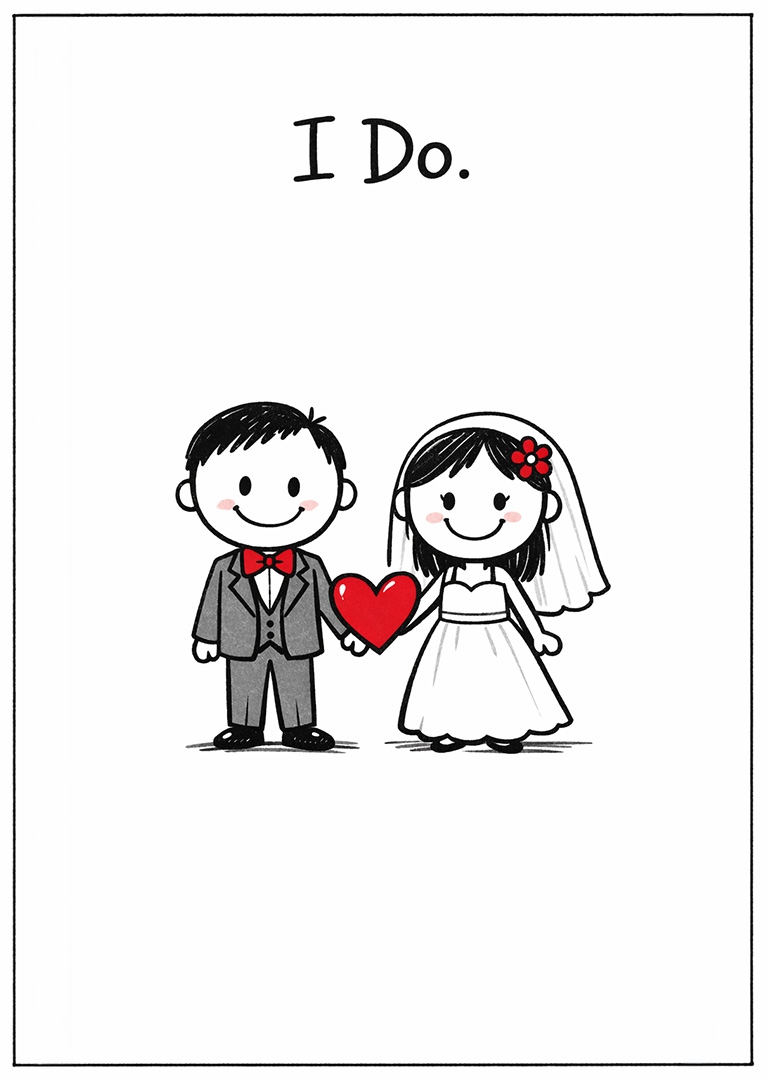 Cute cartoon bride and groom holding red heart with I Do text