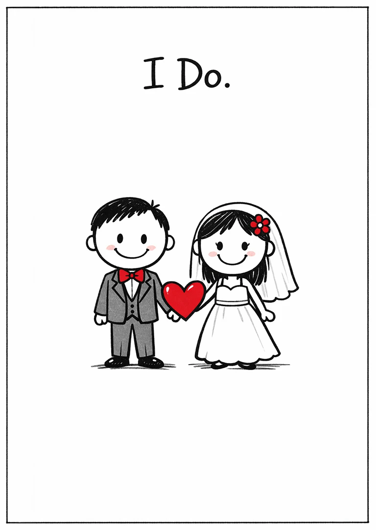 Cute bride and groom holding a red heart beneath the words I Do.