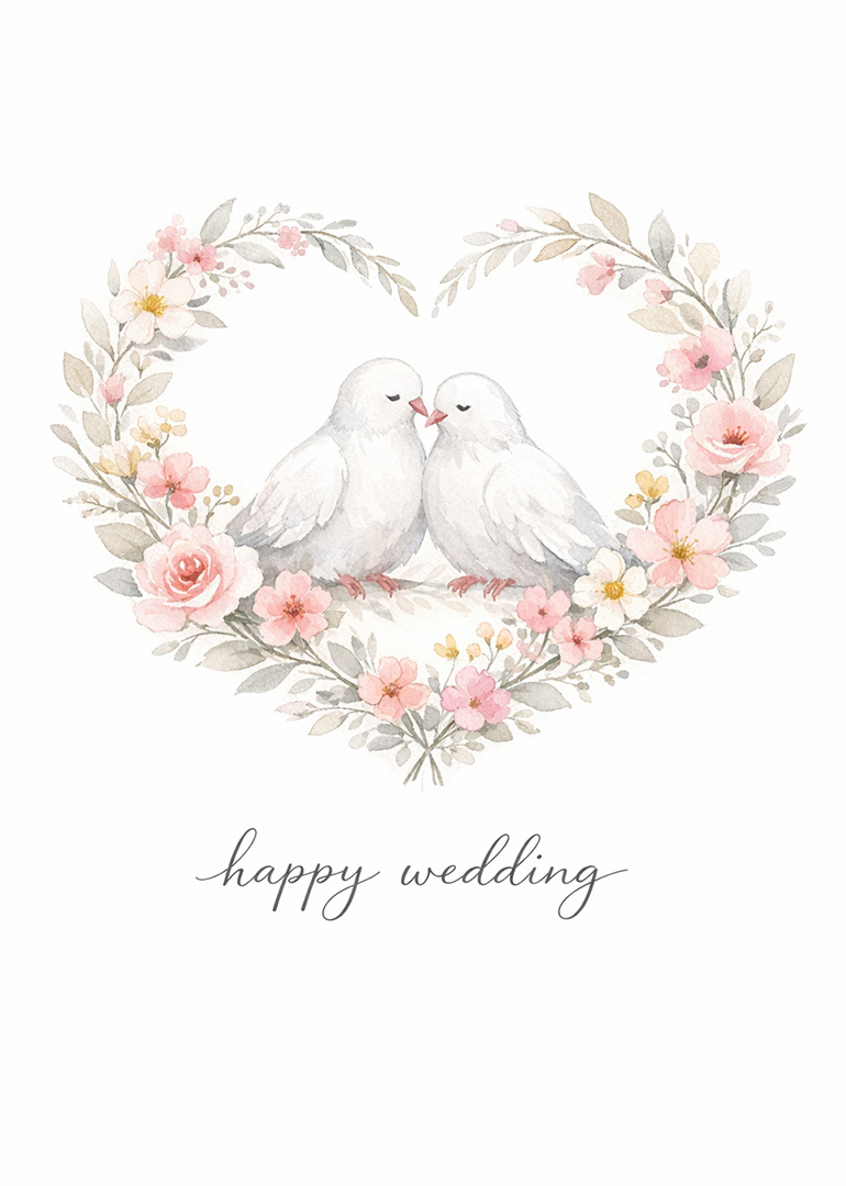 Wedding card with two white doves surrounded by pastel flowers in heart shape
