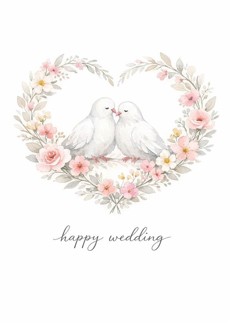 Two white doves inside a pink floral heart with happy wedding written below in script.