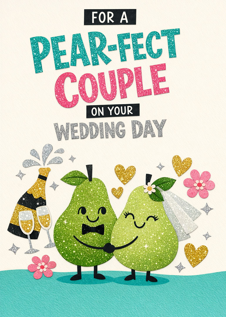 Cartoon glittery pears in wedding attire hugging with champagne and hearts