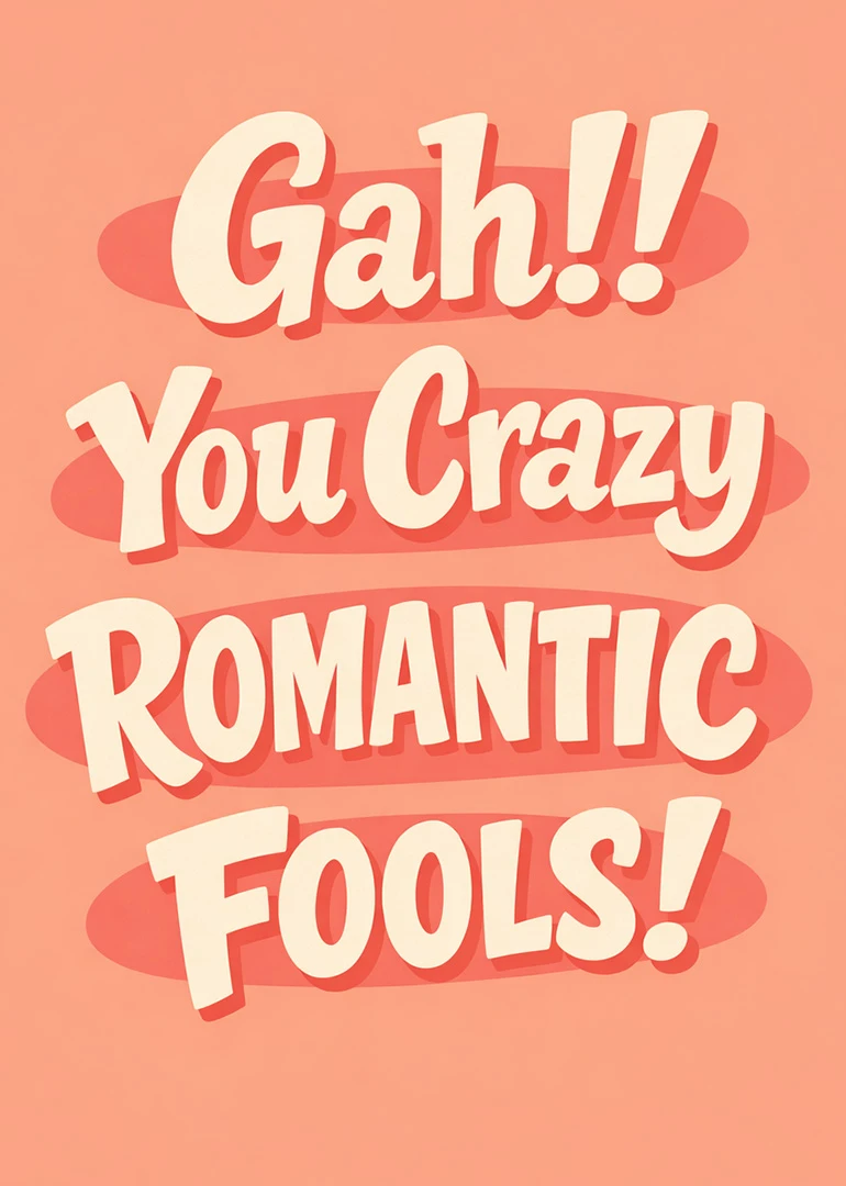 Peach retro card with bold cream lettering reading Gah!! You Crazy Romantic Fools! and shadows.