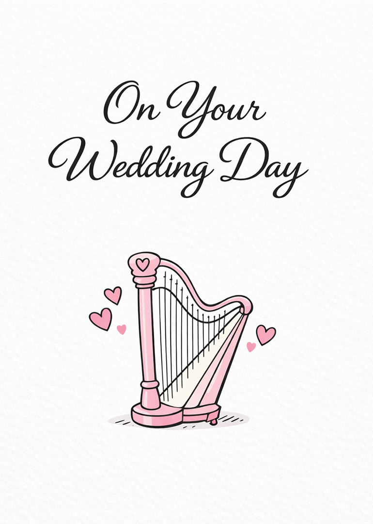 Wedding card with pink harp and hearts under elegant text