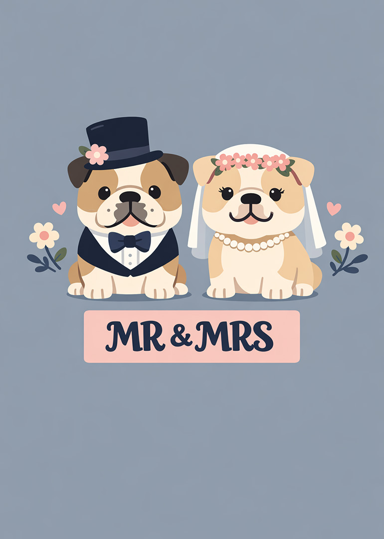 Wedding card with cute bride and groom puppies and Mr & Mrs text