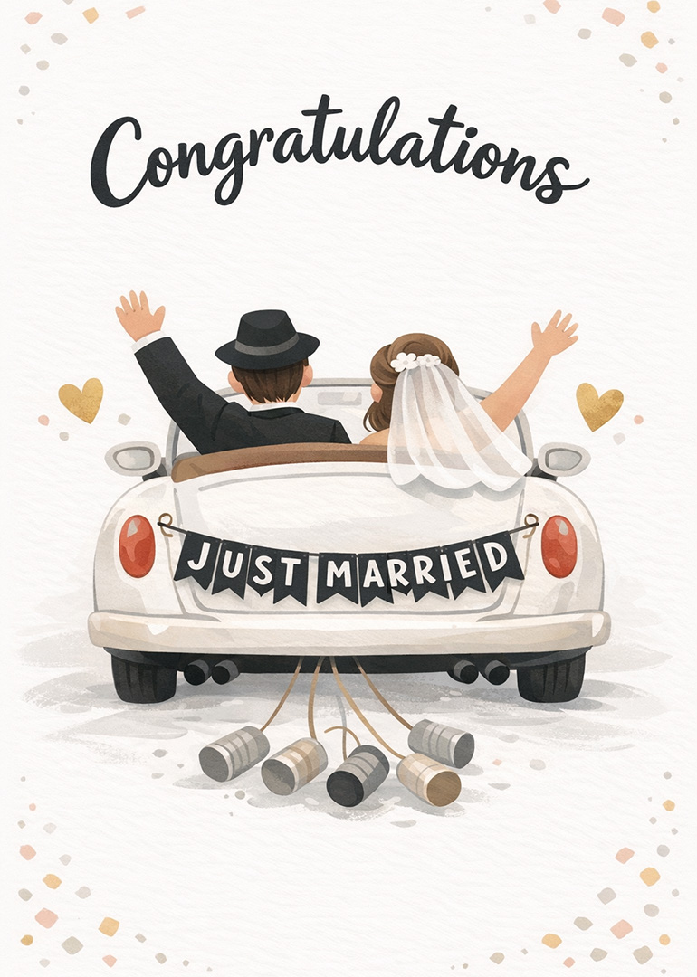 Wedding card with just married couple in car and congratulations text