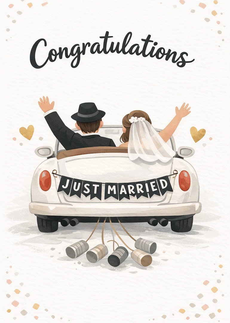 Illustrated newlyweds waving from a convertible with Just Married banner and tin cans trailing behind.