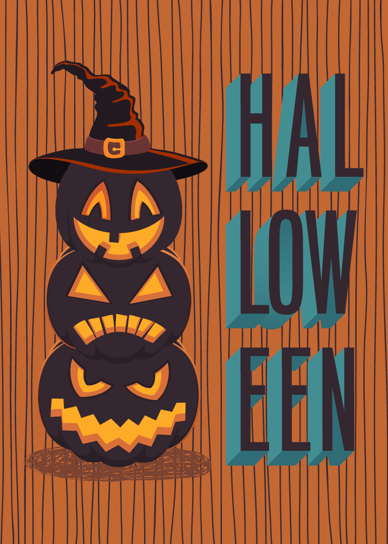 Three stacked jack-o'-lanterns with a witch hat and bold Halloween text