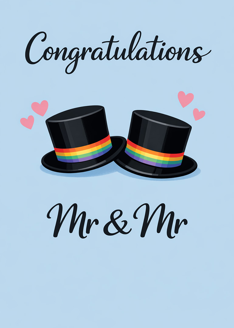 Congratulations Mr and Mr card with two black top hats with rainbow bands and hearts