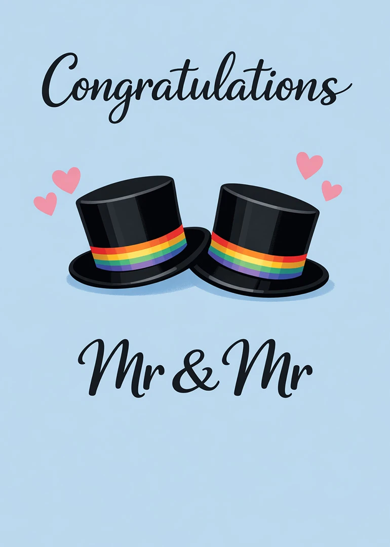 Light blue card with Congratulations, rainbow top hats, pink hearts, and Mr & Mr text.