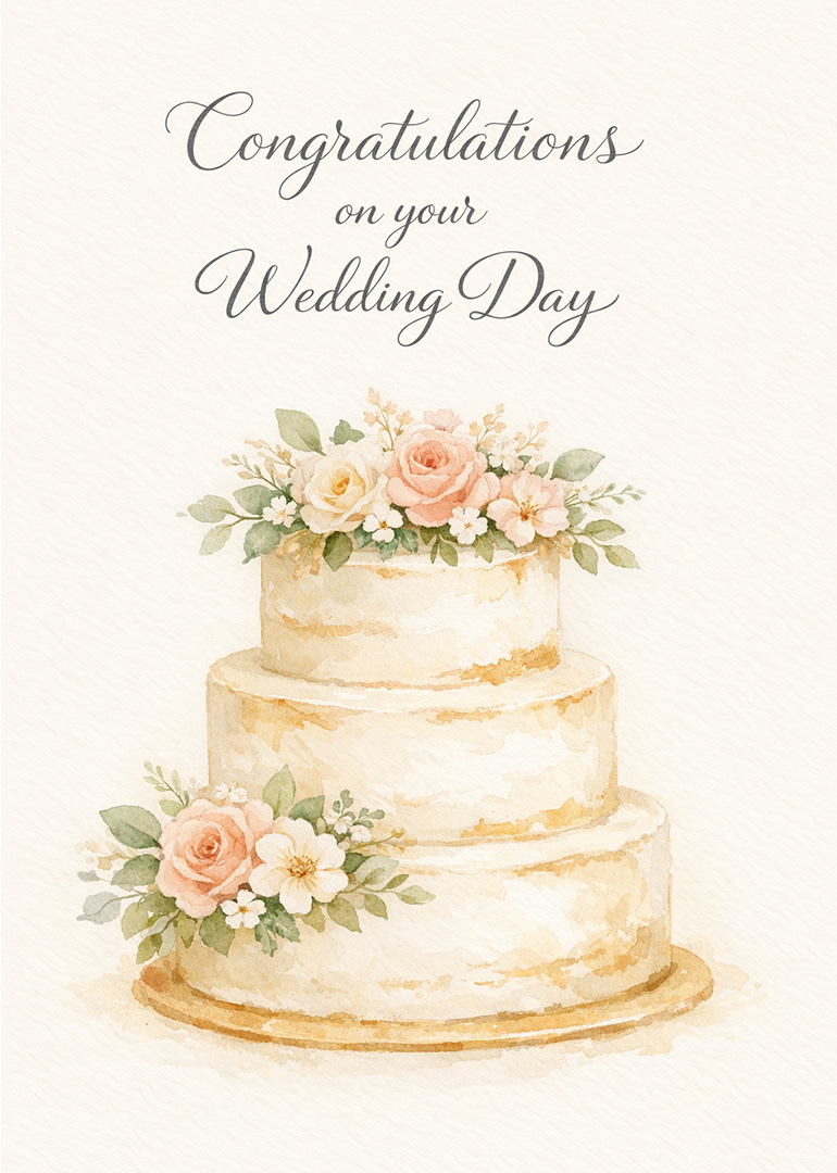 Watercolor style wedding card with floral decorated tiered cake and congratulations text