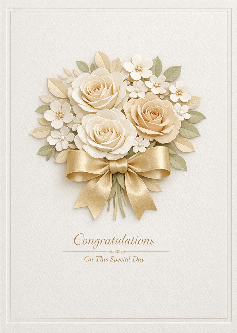 Cream and gold floral bouquet with bow and congratulations text